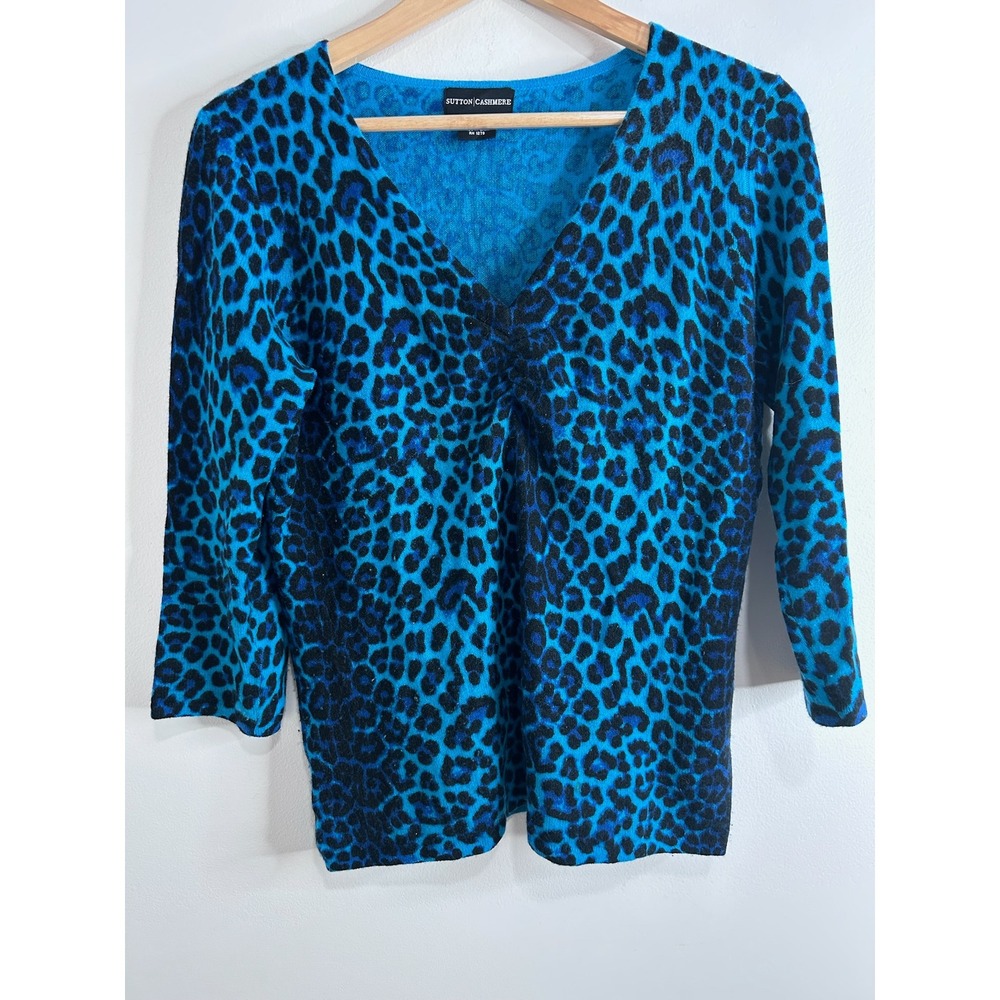 Sutton Cashmere Blue Leopard Print V-Neck Sweater 3/4 Sleeve Sz L Luxury Soft